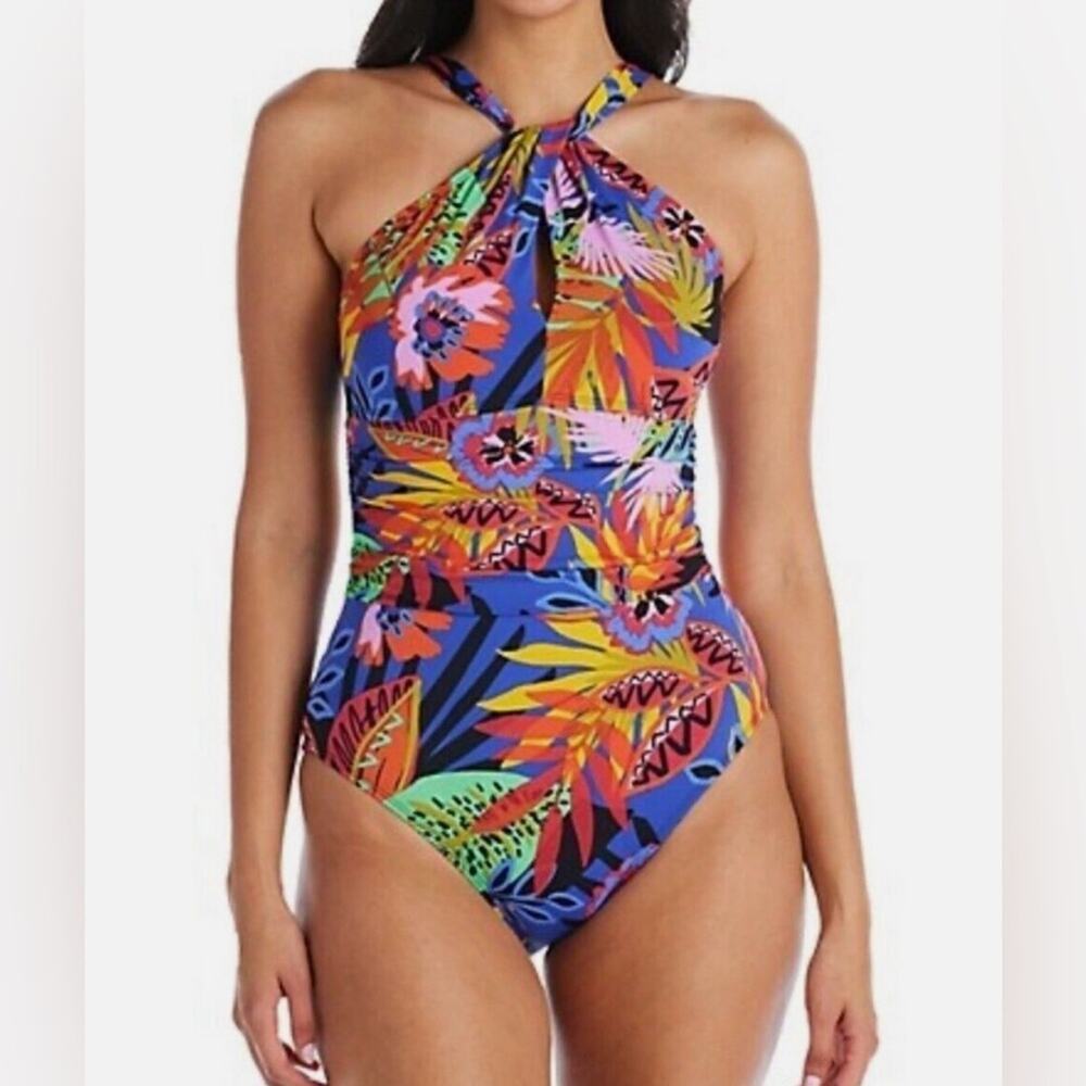 Bleu Rod Beattie NWT One Piece Twist Front Halter Tropical Multi Swimsuit Sz 8